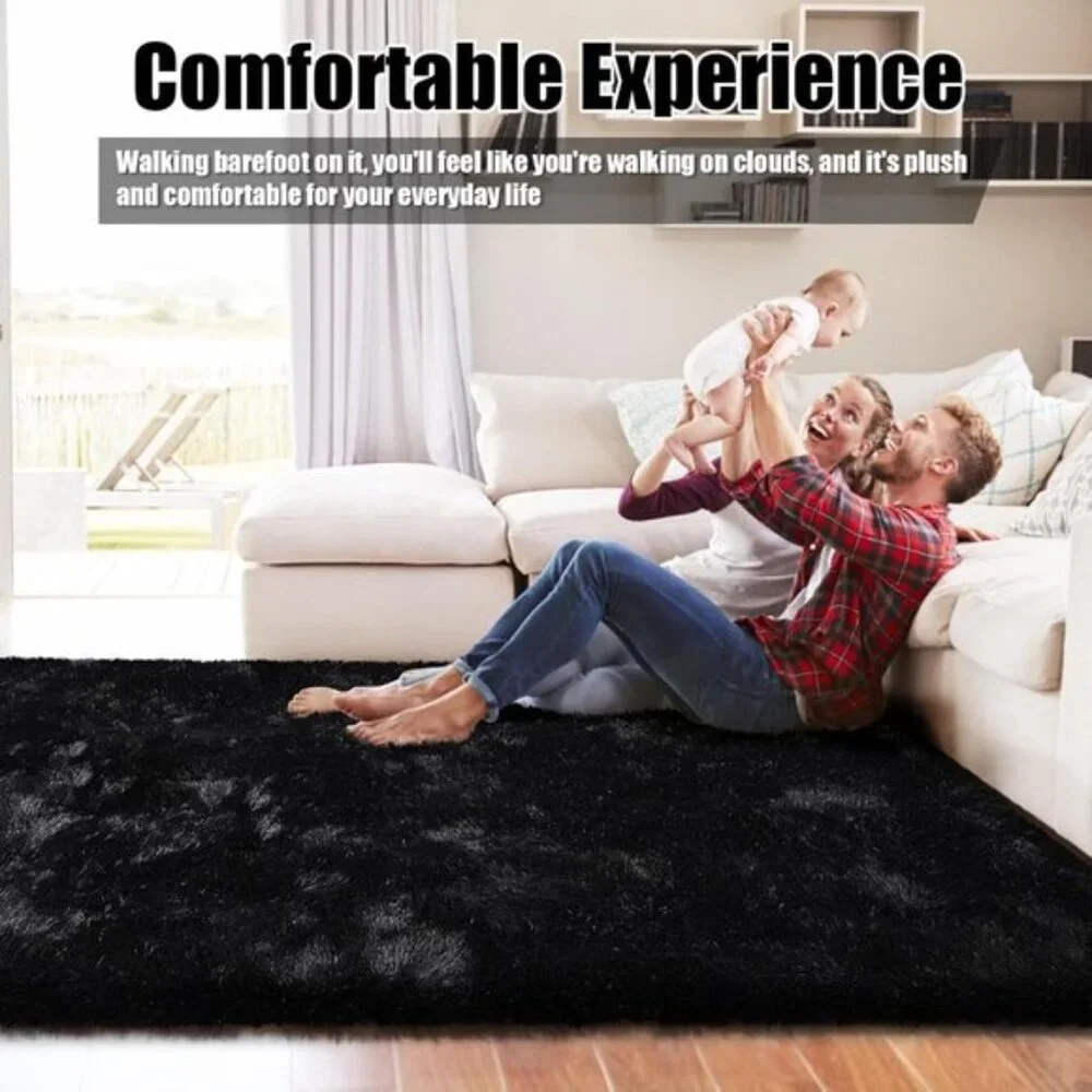 New 8x10 Black Fluffy Area Rug, Soft Shag Non-Shedding Carpet for Living Room